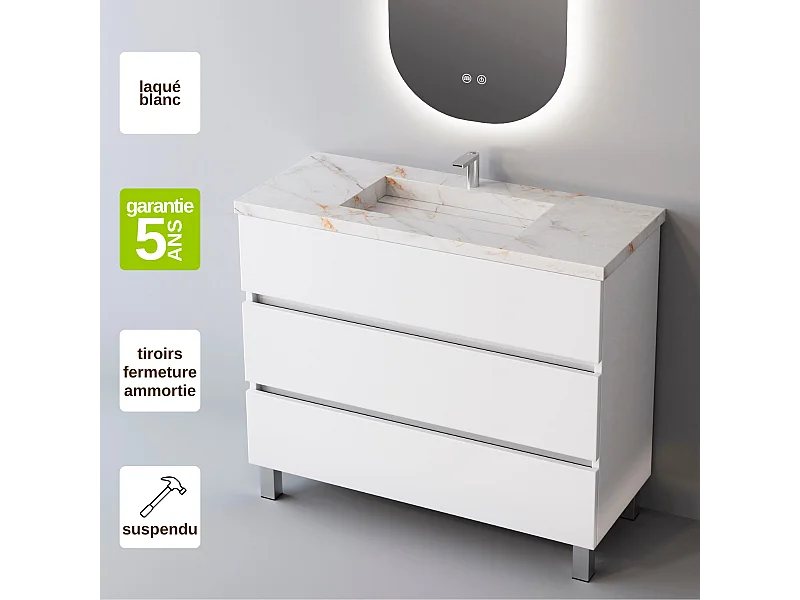 Meuble Salle de Bain ATRANI (81 cm x H90 x P45 cm), Plan Vasque Grès Cérame BS, 3 Tiroirs, Blanc Brillant