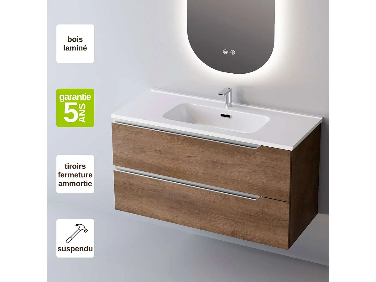 Meuble salle de bain DUO 100cm – Plan vasque céramique, 2 tiroirs, finition Finition Chêne Foncé, H 54cm x P 45cm