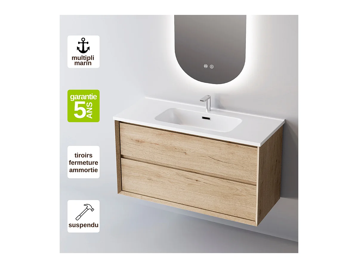 Meuble Salle de Bain COOL  (101 cm x H54 x P45 cm), Plan Vasque Solide Surface, 2 Tiroirs, Chêne Naturel