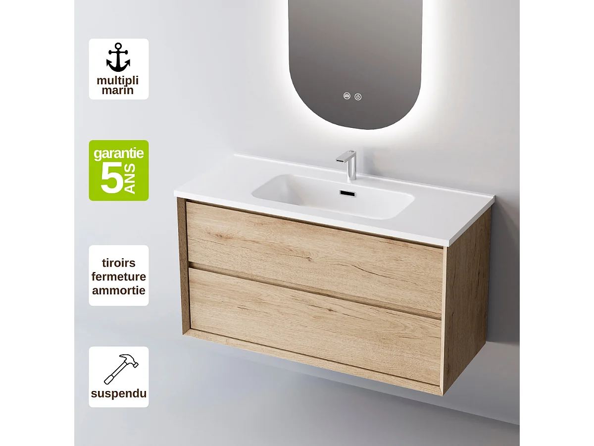 Meuble Salle de Bain COOL  (101 cm x H54 x P45 cm), Plan Vasque Solide Surface, 2 Tiroirs, Chêne Naturel