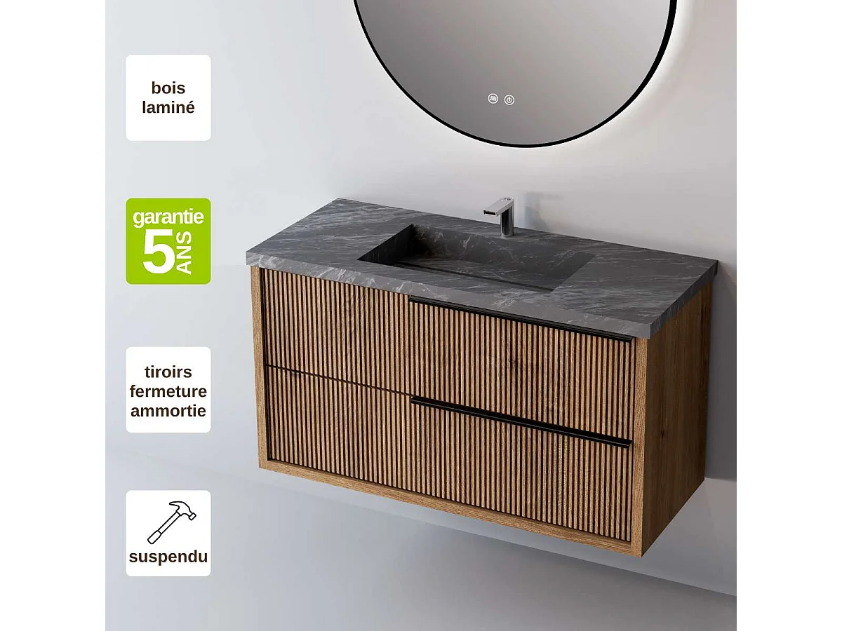 Meuble Salle de Bain TREND 60cm, Plan Vasque Grès Cérame, 2 Tiroirs Impression 3D Poignée Noir, Finition Chêne Foncé, H 54cm x P 45cm