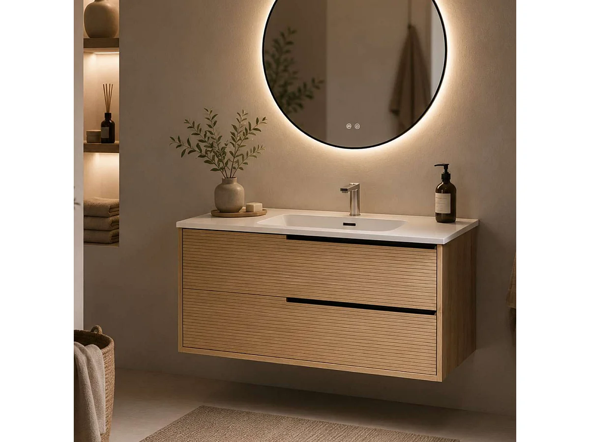Meuble Salle de Bain LISTELLO 60cm, Plan Vasque Grès Cérame, 2 Tiroirs Impression 3D Poignée Noir, Finition Chêne Naturel, H 54cm x P 45cm