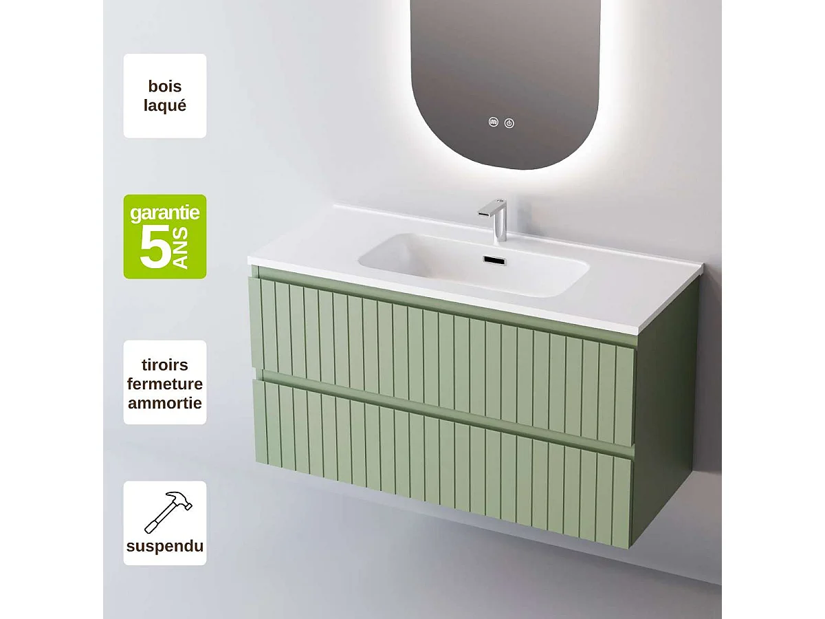 Meuble Salle de Bain GLOW (81 cm x H54 x P45 cm), Plan Vasque Céramique WB, 2 Tiroirs, Laqué Vert Mint Mat