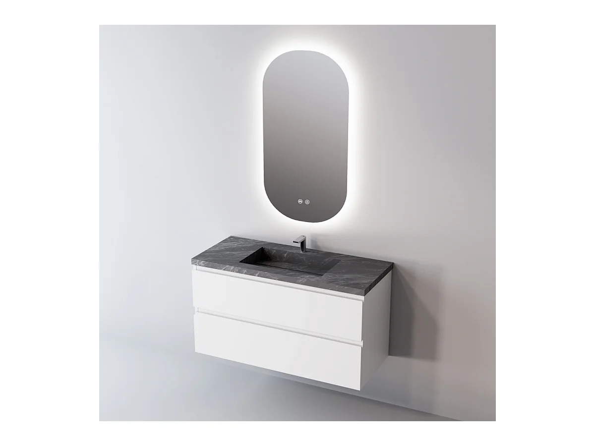Meuble Salle de Bain STEP (101 cm x H54 x P45 cm), Plan Vasque Grès Cérame NA, 2 Tiroirs, Laqué Blanc Mat