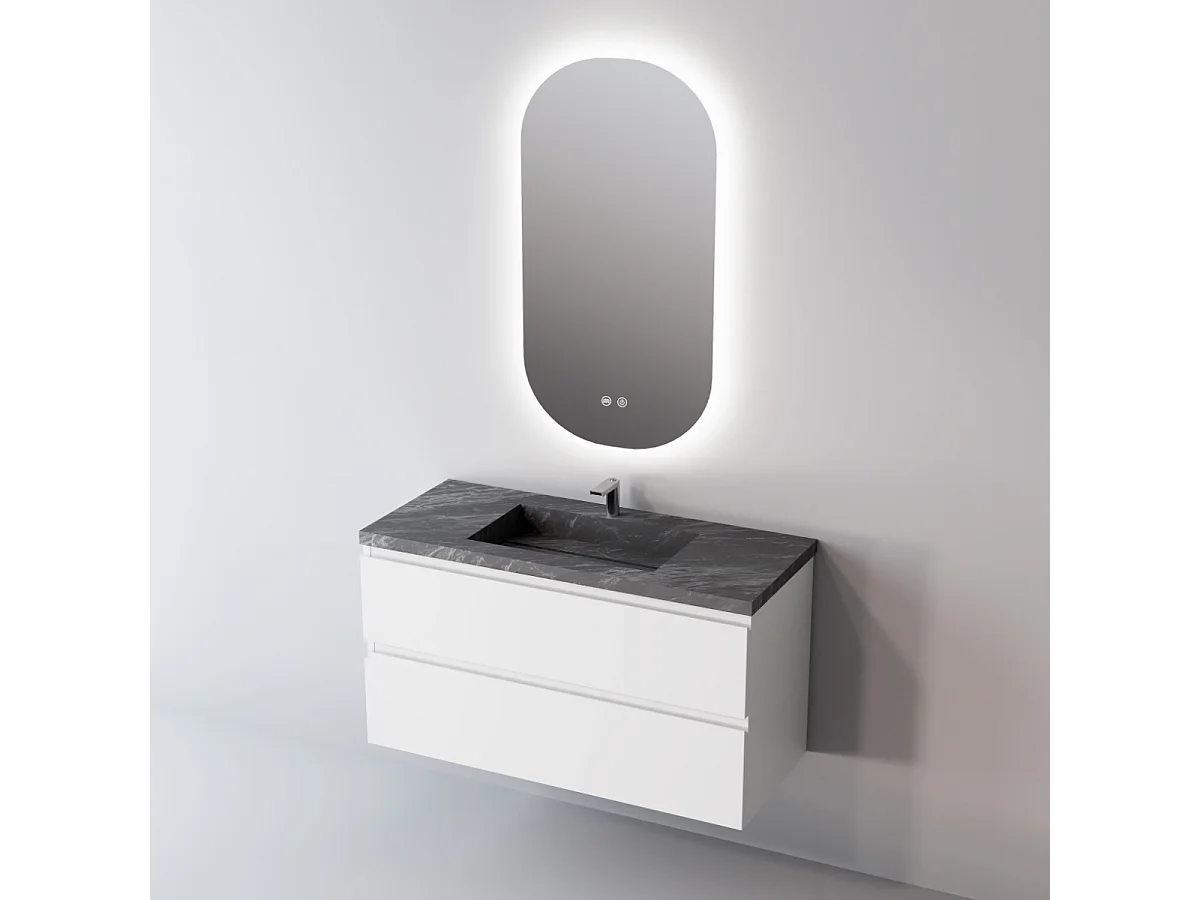 Meuble Salle de Bain STEP (101 cm x H54 x P45 cm), Plan Vasque Grès Cérame NA, 2 Tiroirs, Laqué Blanc Mat