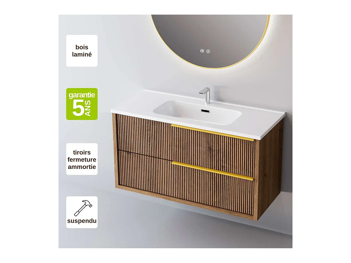 Meuble Salle de Bain TREND (61 cm x H54 x P45 cm), Plan Vasque Céramique WB, 2 Tiroirs Impression 3D Poignée Or, Chêne Foncé
