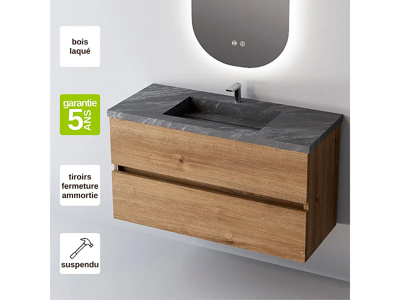 Meuble Salle de Bain ANCONA (81 cm x H54 x P45 cm), Plan Vasque Grès Cérame NA, 2 Tiroirs, Chêne Naturel