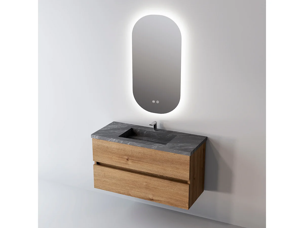 Meuble Salle de Bain ANCONA (81 cm x H54 x P45 cm), Plan Vasque Grès Cérame NA, 2 Tiroirs, Chêne Naturel