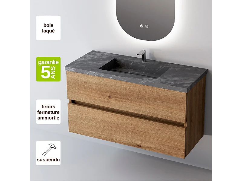 Meuble Salle de Bain ANCONA (81 cm x H54 x P45 cm), Plan Vasque Grès Cérame NA, 2 Tiroirs, Chêne Naturel