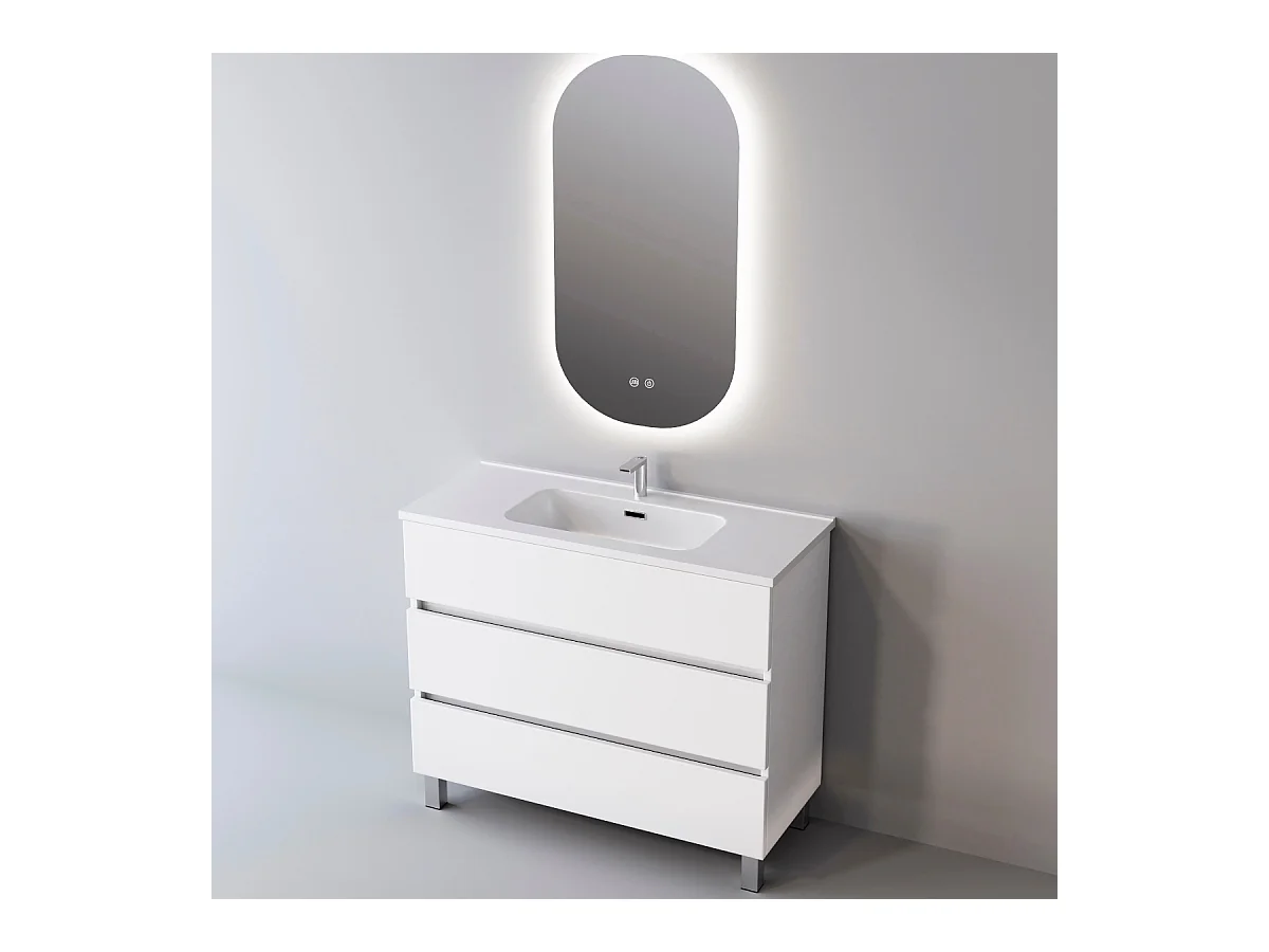 Meuble Salle de Bain ATRANI (61 cm x H90 x P45 cm), Plan Vasque Solide Surface, 3 Tiroirs, Blanc Brillant