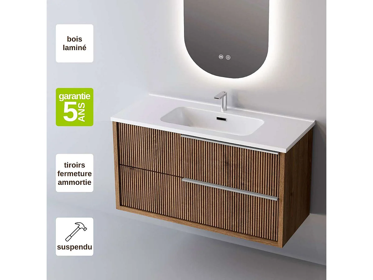 Meuble Salle de Bain TREND 80cm, Plan Vasque Solid Surface, 2 Tiroirs Impression 3D Poignée Inox Satiné, Finition Chêne Foncé, H 54cm x P 45cm