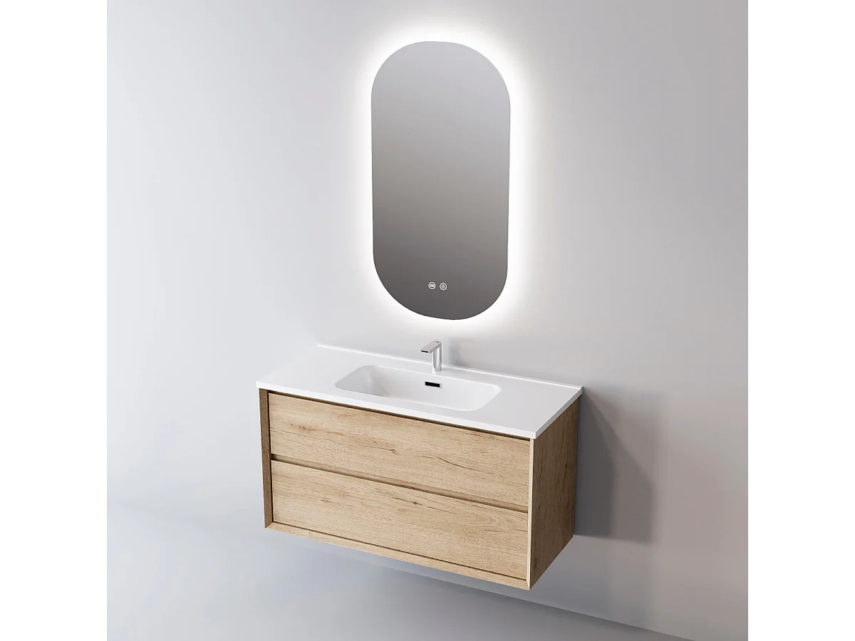 Meuble Salle de Bain COOL  (61 cm x H54 x P45 cm), Plan Vasque Solide Surface, 2 Tiroirs, Chêne Naturel