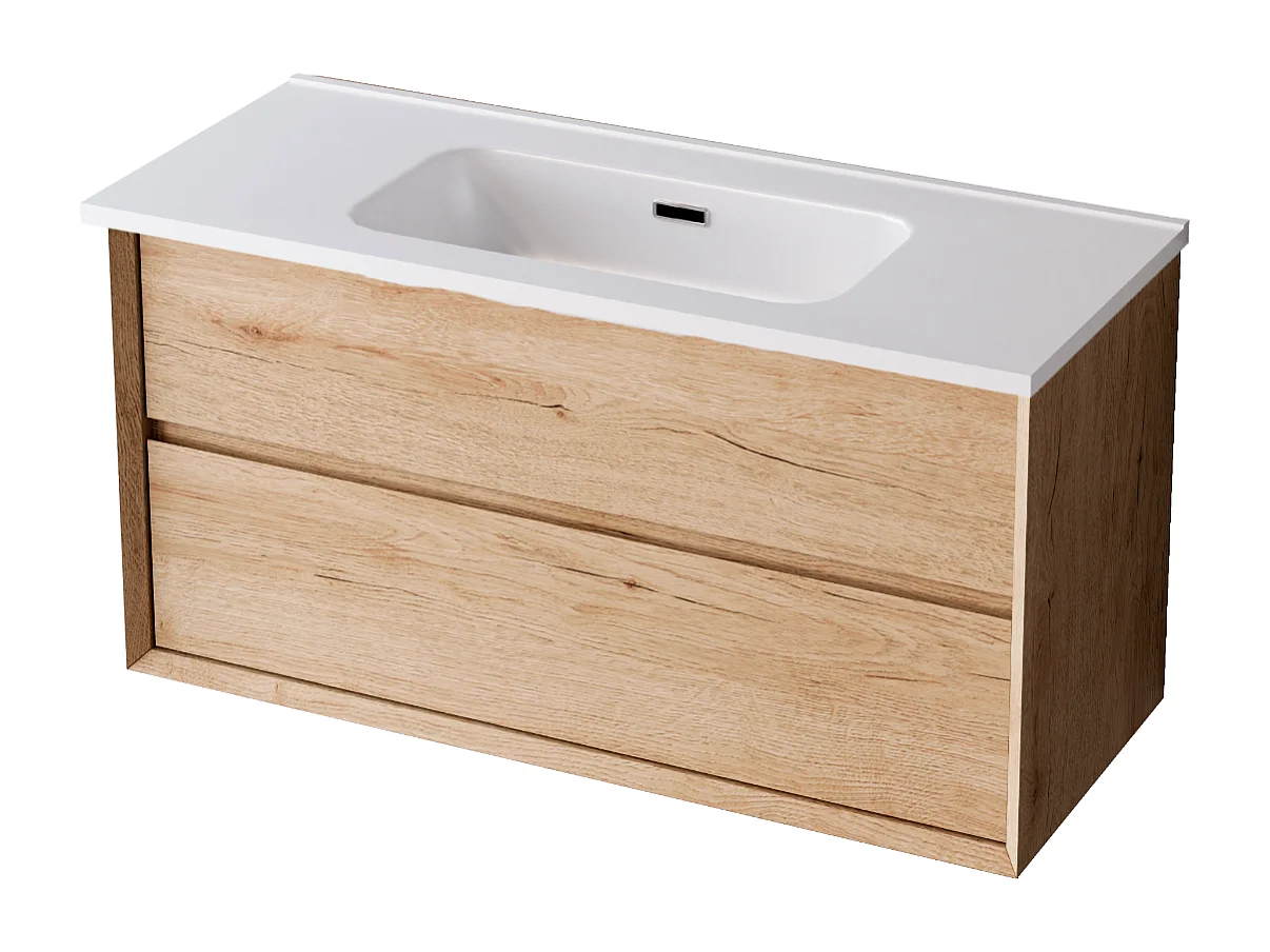 Meuble Salle de Bain COOL  (61 cm x H54 x P45 cm), Plan Vasque Solide Surface, 2 Tiroirs, Chêne Naturel