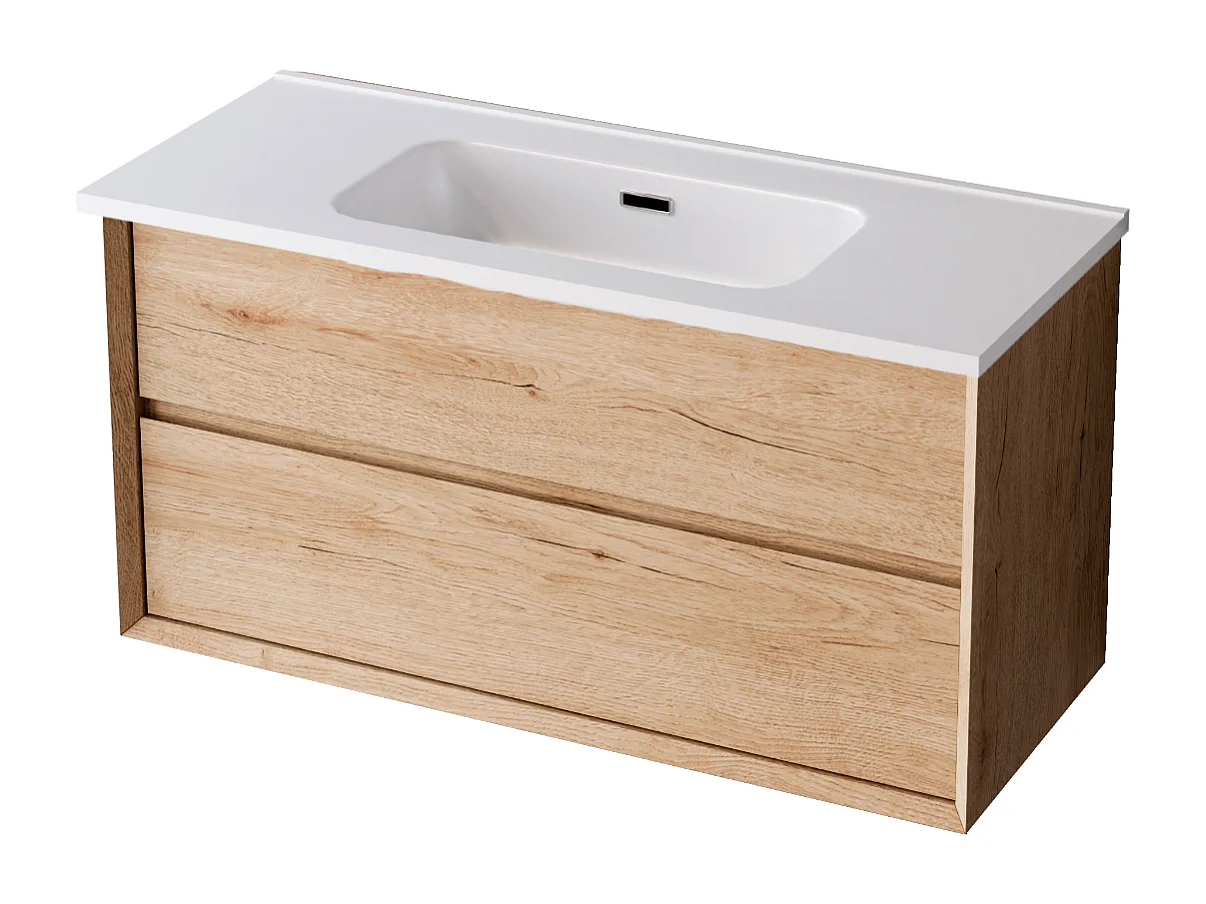 Meuble Salle de Bain COOL  (61 cm x H54 x P45 cm), Plan Vasque Céramique WB, 2 Tiroirs, Chêne Naturel