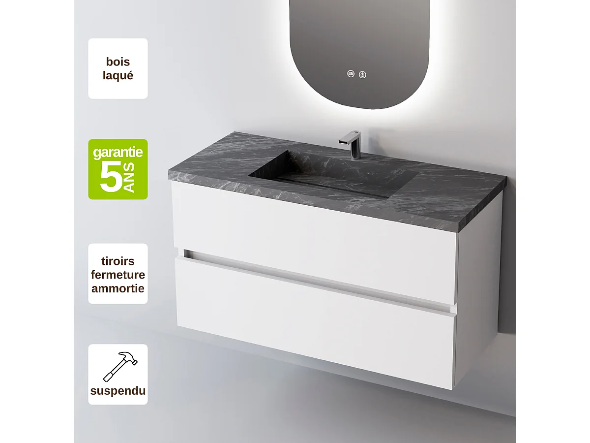 Meuble Salle de Bain ANCONA (81 cm x H54 x P45 cm), Plan Vasque Grès Cérame NA, 2 Tiroirs, Blanc Brillant