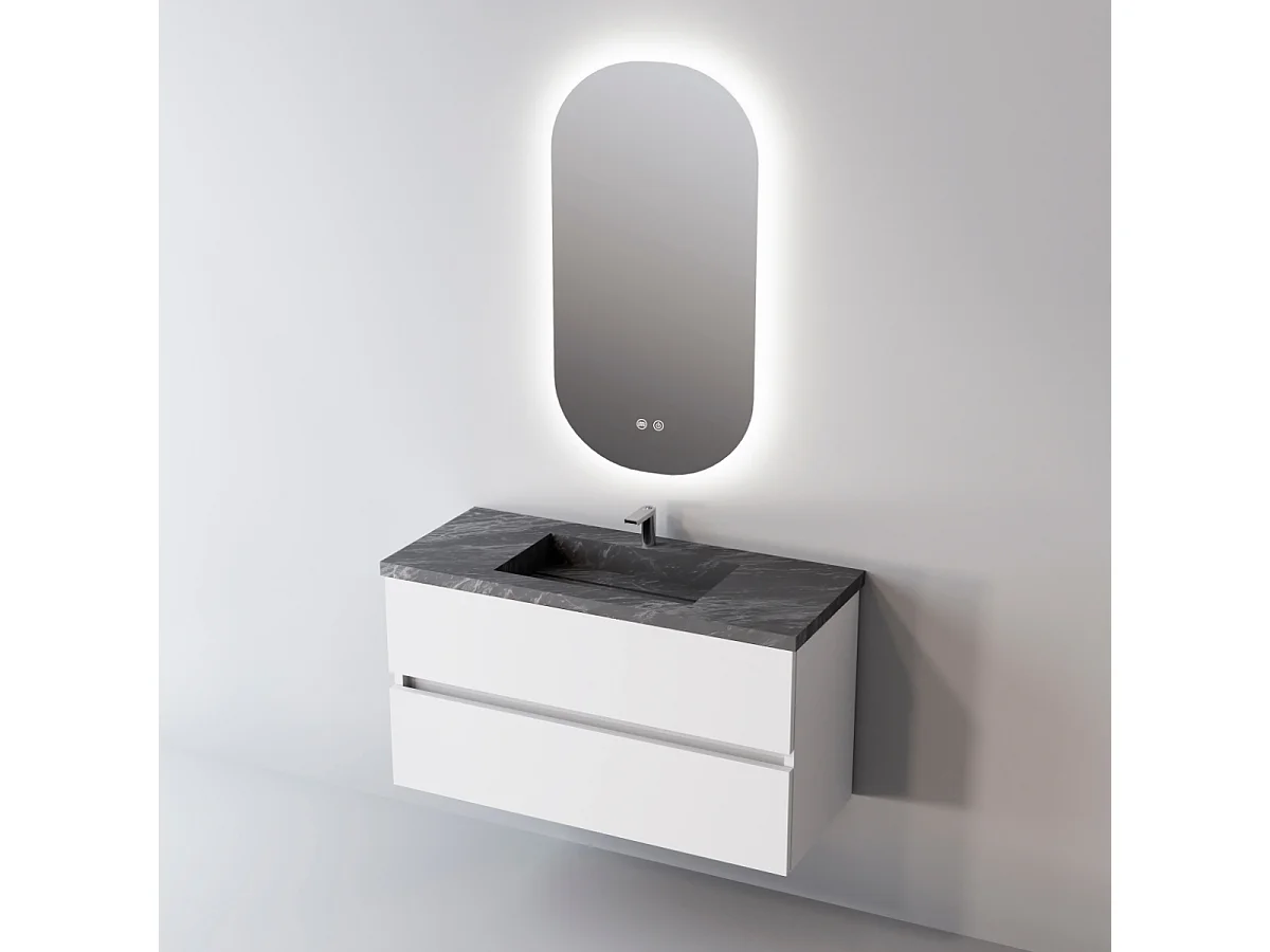 Meuble Salle de Bain ANCONA (81 cm x H54 x P45 cm), Plan Vasque Grès Cérame NA, 2 Tiroirs, Blanc Brillant