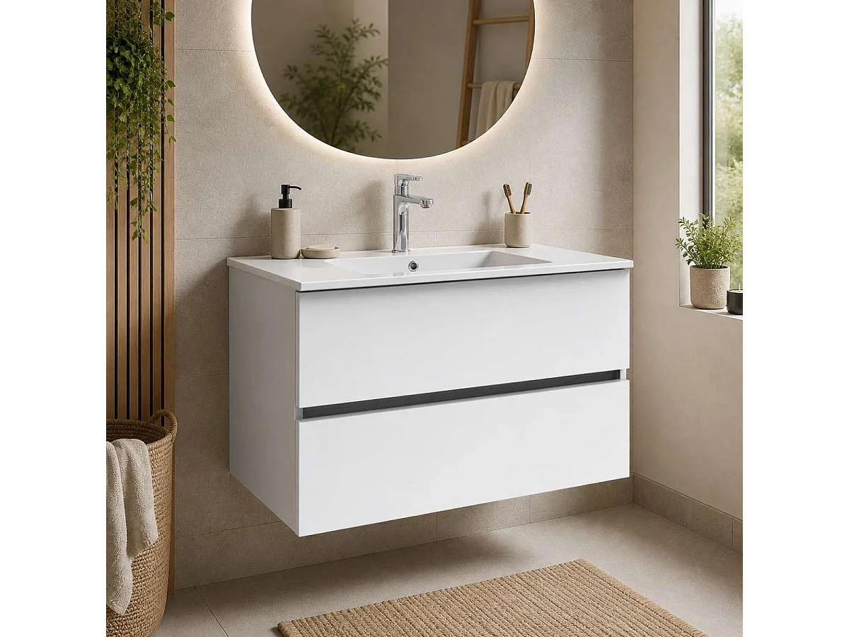 Meuble salle de bain ANCONA 80cm – Plan vasque grès cérame, 2 tiroirs, finition Blanc Brillant, H 54cm x P 45cm