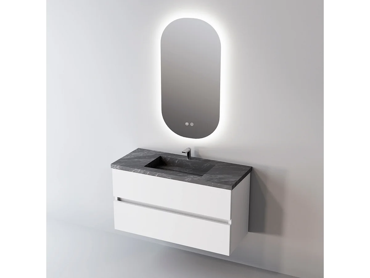 Meuble Salle de Bain ANCONA (81 cm x H54 x P45 cm), Plan Vasque Grès Cérame NA, 2 Tiroirs, Blanc Brillant