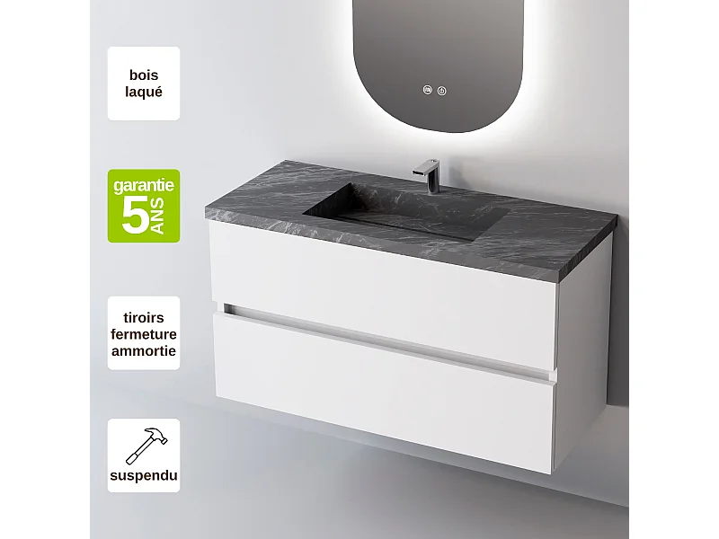 Meuble Salle de Bain ANCONA (81 cm x H54 x P45 cm), Plan Vasque Grès Cérame NA, 2 Tiroirs, Blanc Brillant