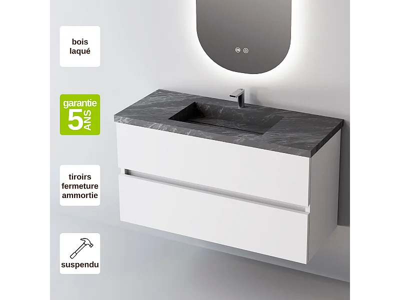 Meuble Salle de Bain ANCONA (81 cm x H54 x P45 cm), Plan Vasque Grès Cérame NA, 2 Tiroirs, Blanc Brillant