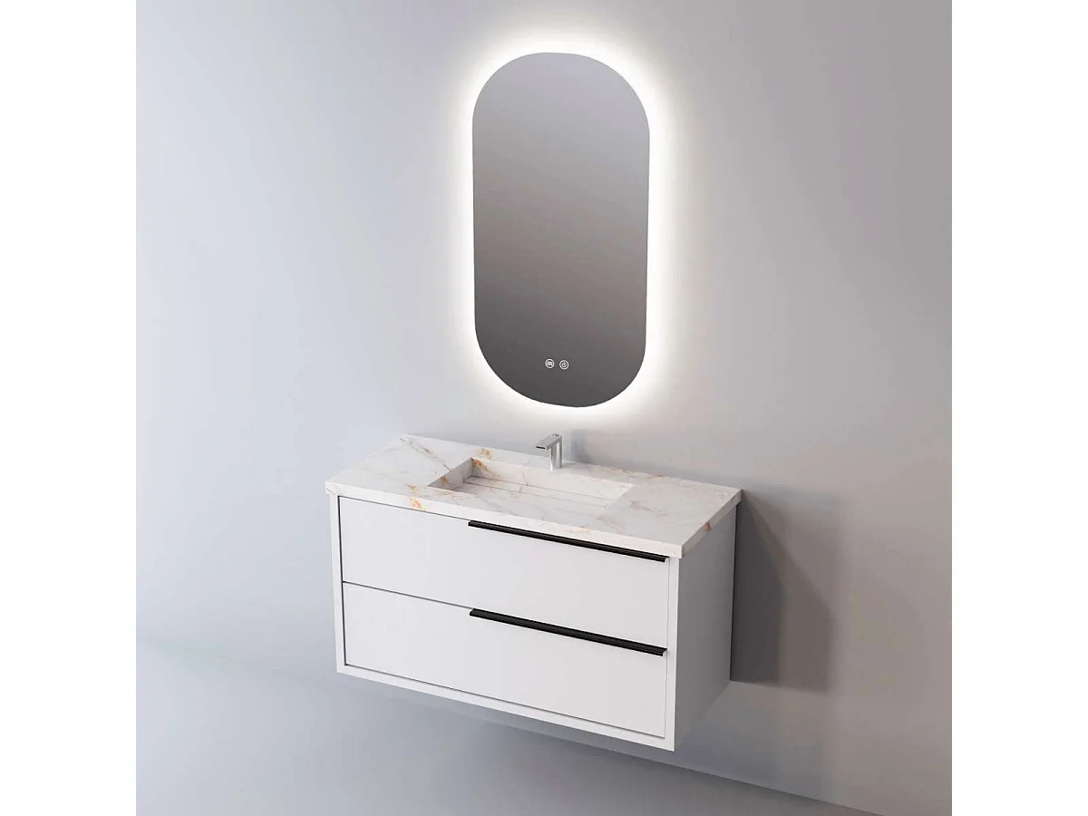 Meuble Salle de Bain LIKE (81 cm x H54 x P45 cm), Plan Vasque Grès Cérame BS, 2 Tiroirs Poignée Noir, Laqué Blanc Mat