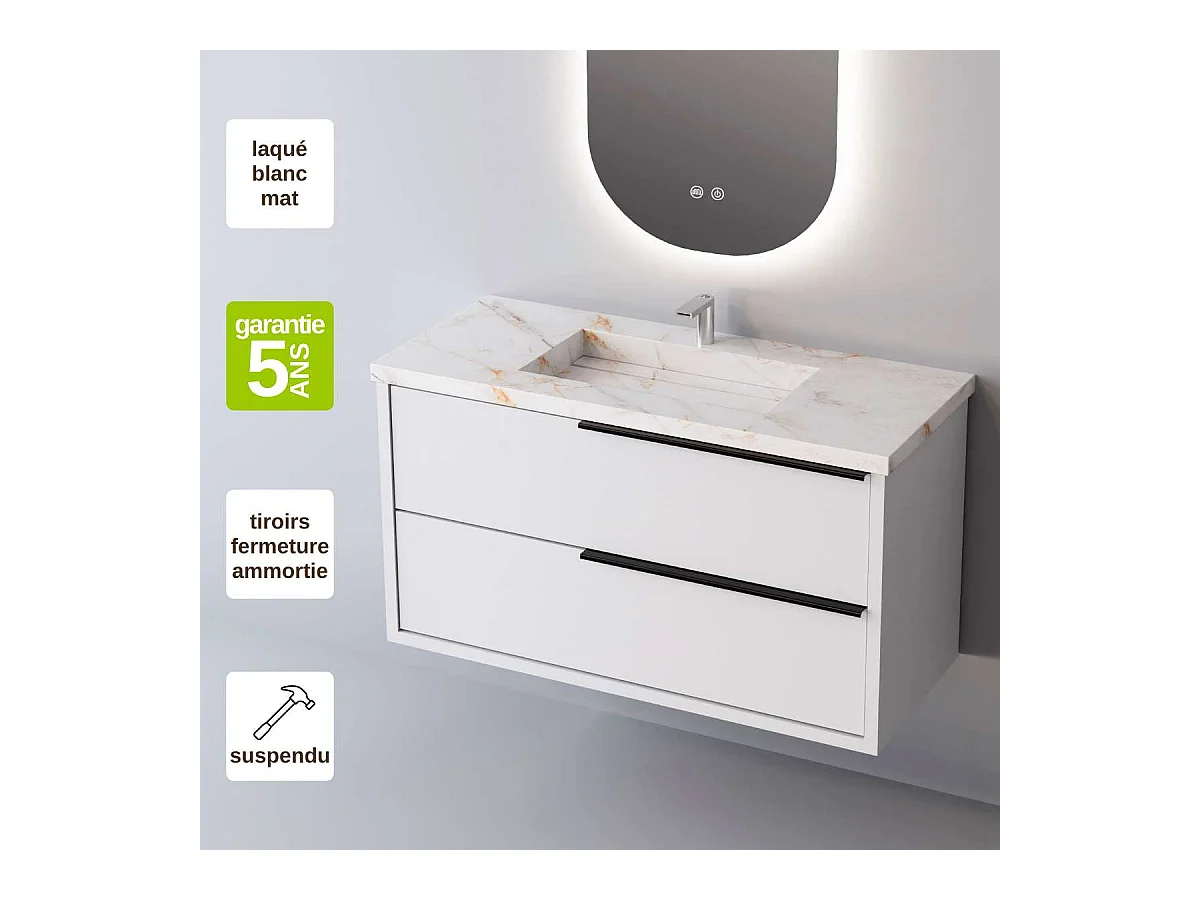 Meuble Salle de Bain LIKE (81 cm x H54 x P45 cm), Plan Vasque Grès Cérame BS, 2 Tiroirs Poignée Noir, Laqué Blanc Mat