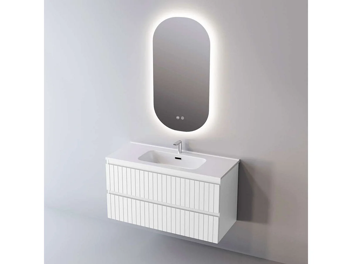 Meuble Salle de Bain GLOW (101 cm x H54 x P45 cm), Plan Vasque Solide Surface, 2 Tiroirs, Laqué Blanc Mat