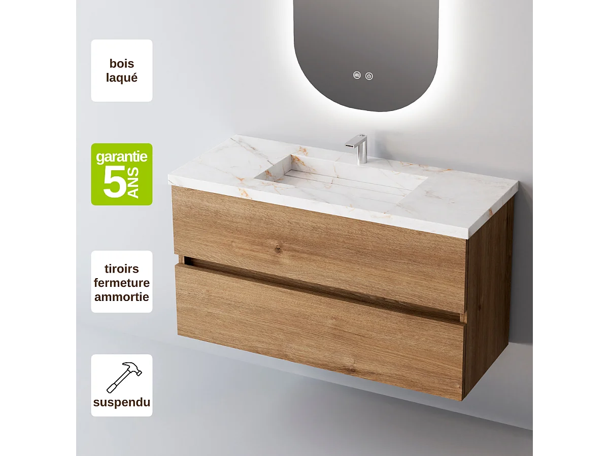 Meuble Salle de Bain ANCONA (61 cm x H54 x P45 cm), Plan Vasque Grès Cérame BS, 2 Tiroirs, Chêne Naturel