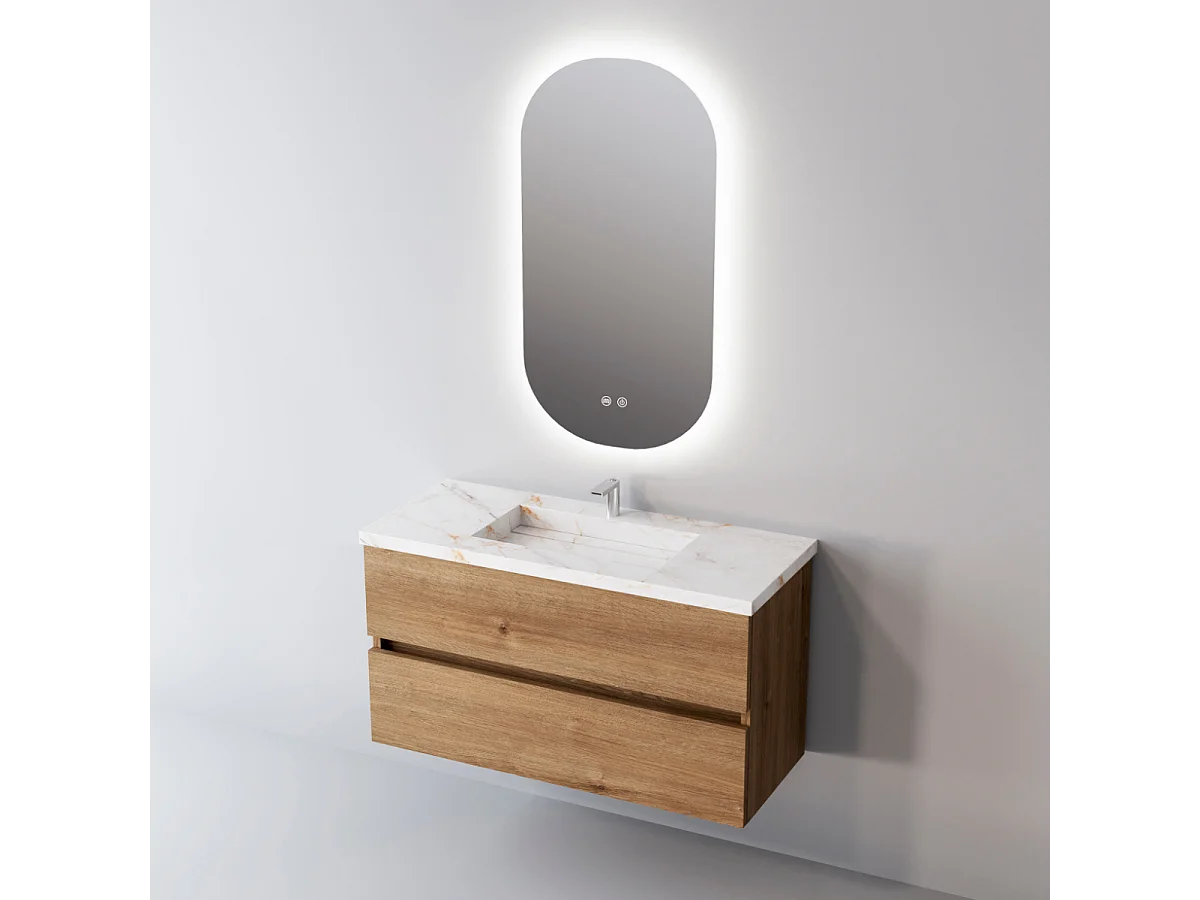 Meuble Salle de Bain ANCONA (61 cm x H54 x P45 cm), Plan Vasque Grès Cérame BS, 2 Tiroirs, Chêne Naturel