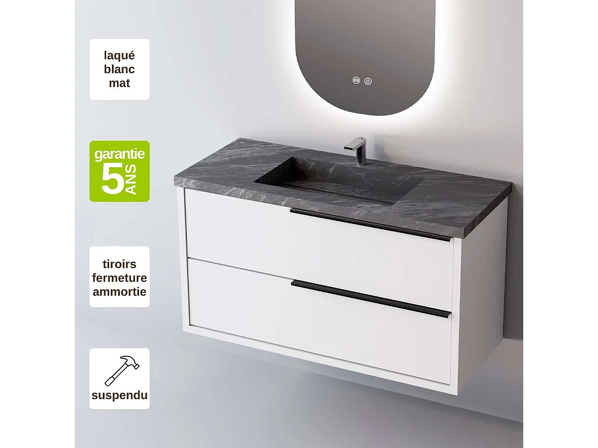 Meuble Salle de Bain LIKE (81 cm x H54 x P45 cm), Plan Vasque Grès Cérame NA, 2 Tiroirs Poignée Noir, Laqué Blanc Mat