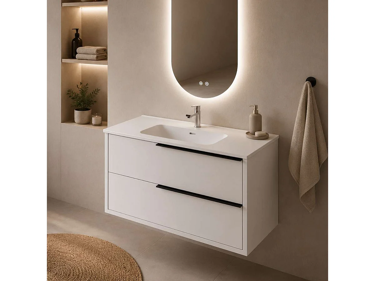 Meuble Salle de Bain LIKE 80cm, Plan Vasque Grès Cérame, 2 Tiroirs Poignée Noir, Laqué Blanc Mat, H 54cm x P 45cm
