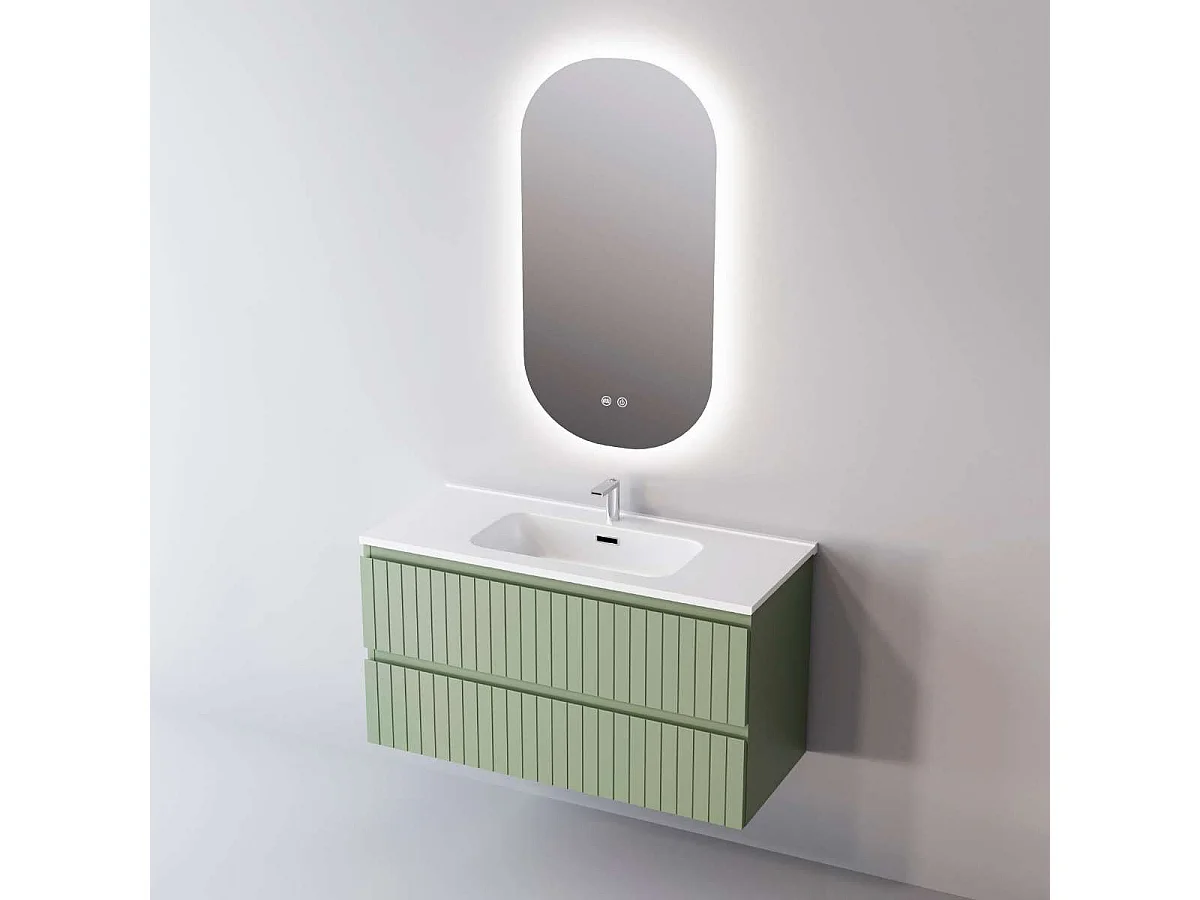 Meuble Salle de Bain GLOW (81 cm x H54 x P45 cm), Plan Vasque Solide Surface, 2 Tiroirs, Laqué Vert Mint Mat