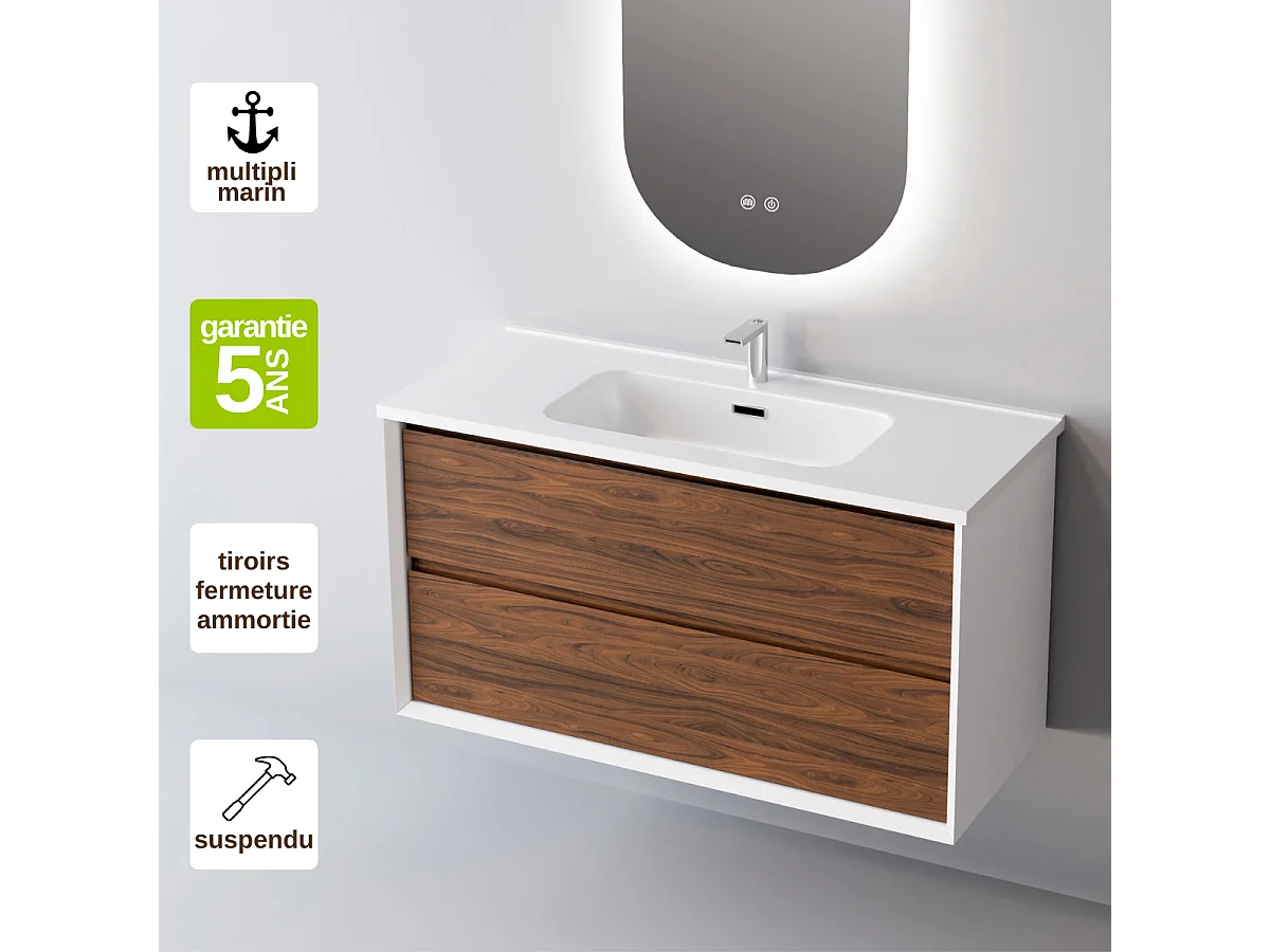 Meuble Salle de Bain COOL  (101 cm x H54 x P45 cm), Plan Vasque Solide Surface, 2 Tiroirs, Laqué Blanc Mat/Noyer