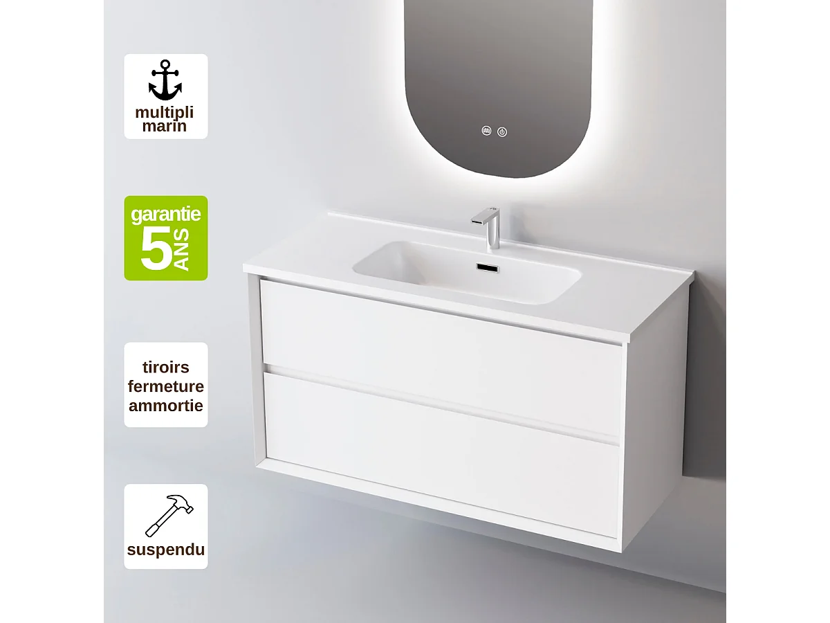 Meuble Salle de Bain COOL  (101 cm x H54 x P45 cm), Plan Vasque Solide Surface, 2 Tiroirs, Laqué Blanc Mat/Noyer