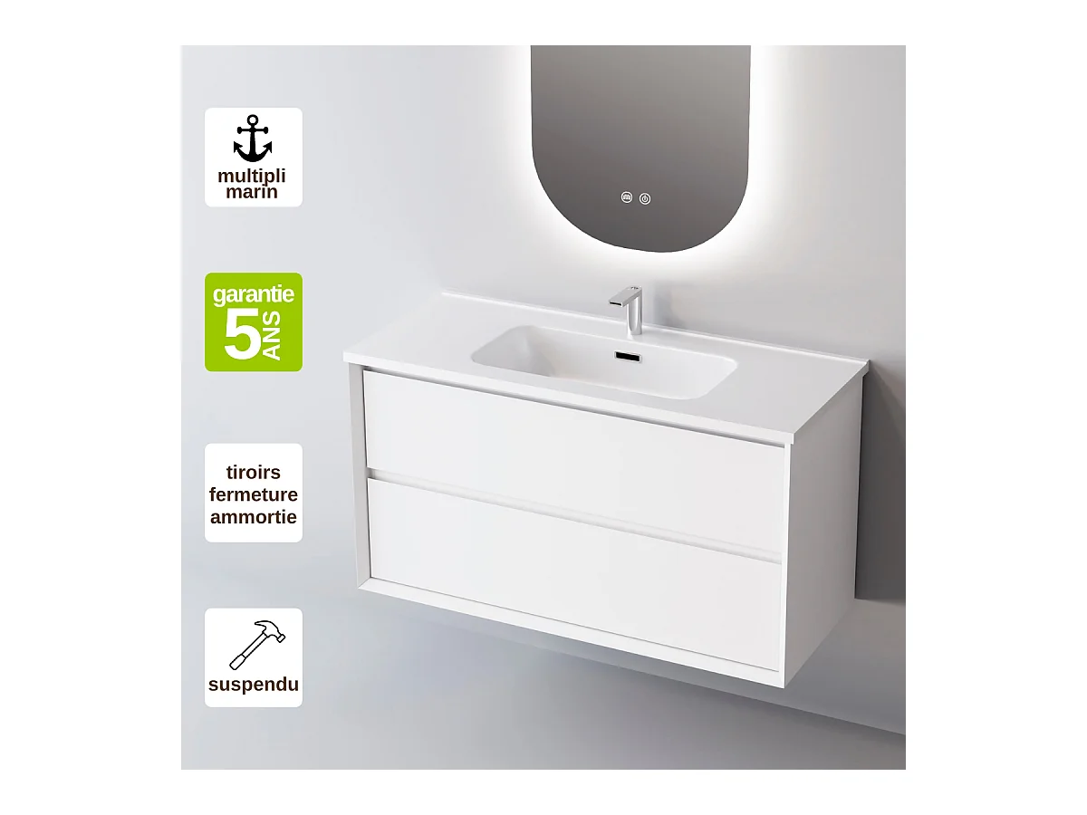 Meuble Salle de Bain COOL  (101 cm x H54 x P45 cm), Plan Vasque Solide Surface, 2 Tiroirs, Laqué Blanc Mat/Noyer