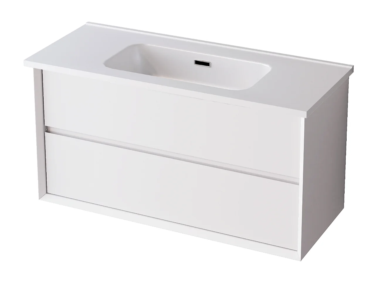 Meuble Salle de Bain COOL  (101 cm x H54 x P45 cm), Plan Vasque Solide Surface, 2 Tiroirs, Laqué Blanc Mat/Noyer