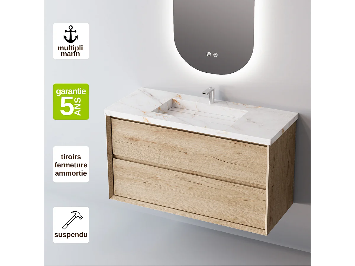 Meuble Salle de Bain COOL  (81 cm x H54 x P45 cm), Plan Vasque Grès Cérame BS, 2 Tiroirs, Chêne Naturel