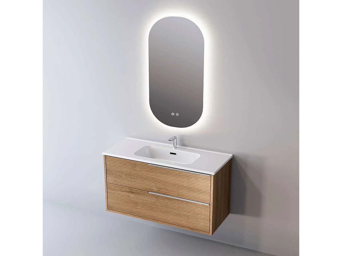 Meuble Salle de Bain LISTELLO (81 cm x H54 x P45 cm), Plan Vasque Céramique WB, 2 Tiroirs Impression 3D Poignée Inox Satiné, Chêne Naturel