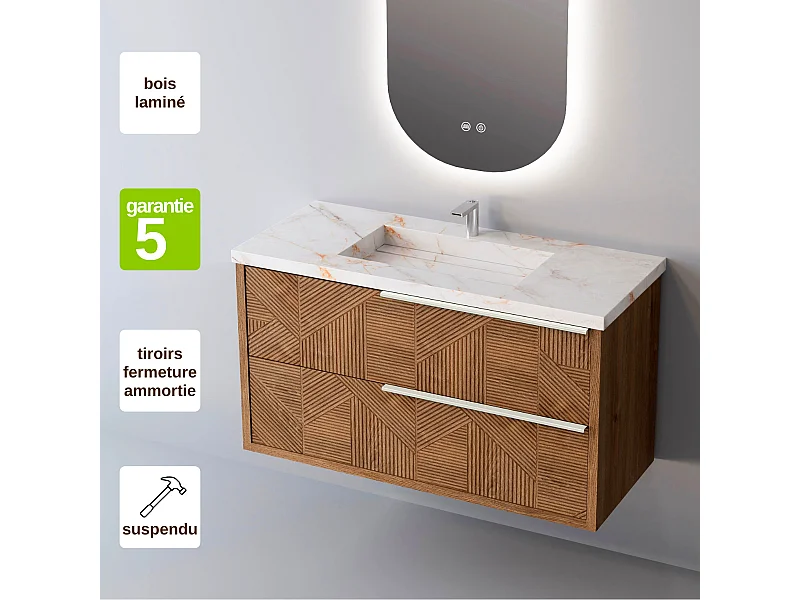 Meuble Salle de Bain REEL (101 cm x H54 x P45 cm), Plan Vasque Grès Cérame BS, 2 Tiroirs Impression 3D Poignée Inox Satiné, Chêne Moyen