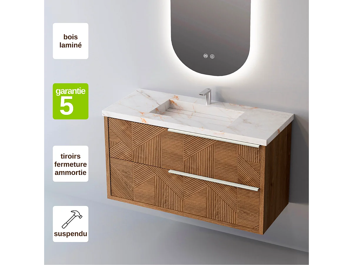 Meuble Salle de Bain REEL (101 cm x H54 x P45 cm), Plan Vasque Grès Cérame BS, 2 Tiroirs Impression 3D Poignée Inox Satiné, Chêne Moyen