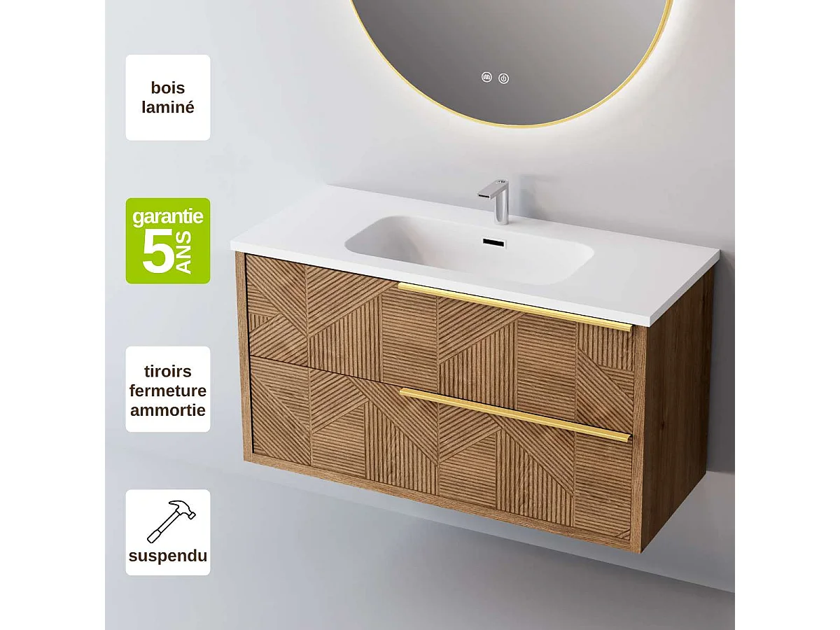 Meuble Salle de Bain REEL 100cm, Plan Vasque Céramique, 2 Tiroirs Impression 3D Poignée Or, Finition Chêne Moyen, H 54cm x P 45cm