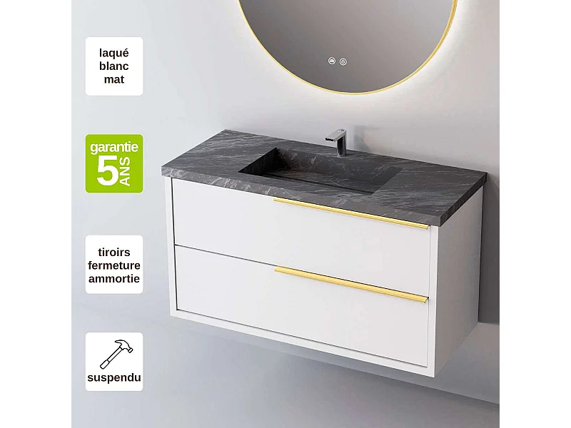 Meuble Salle de Bain LIKE (81 cm x H54 x P45 cm), Plan Vasque Grès Cérame NA, 2 Tiroirs Poignée Or, Laqué Blanc Mat
