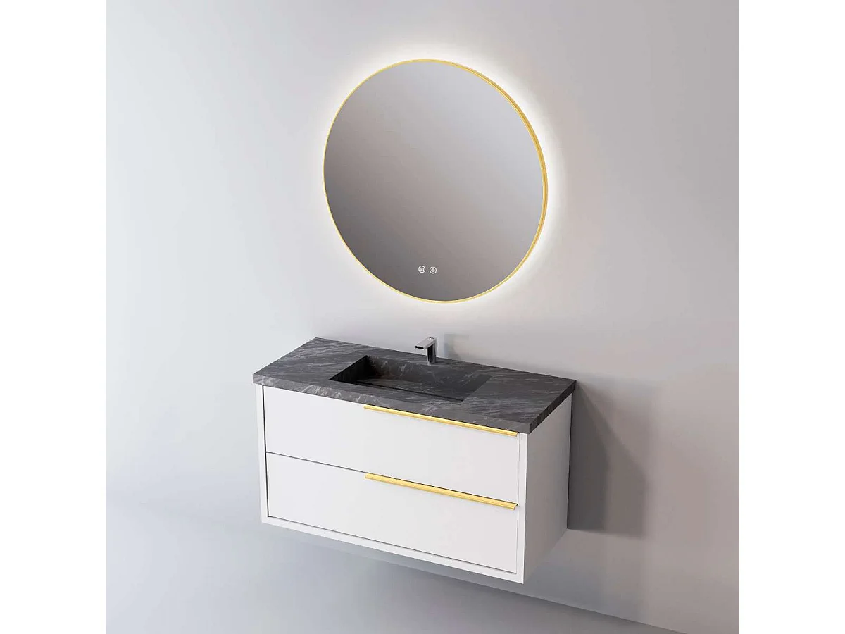 Meuble Salle de Bain LIKE (81 cm x H54 x P45 cm), Plan Vasque Grès Cérame NA, 2 Tiroirs Poignée Or, Laqué Blanc Mat