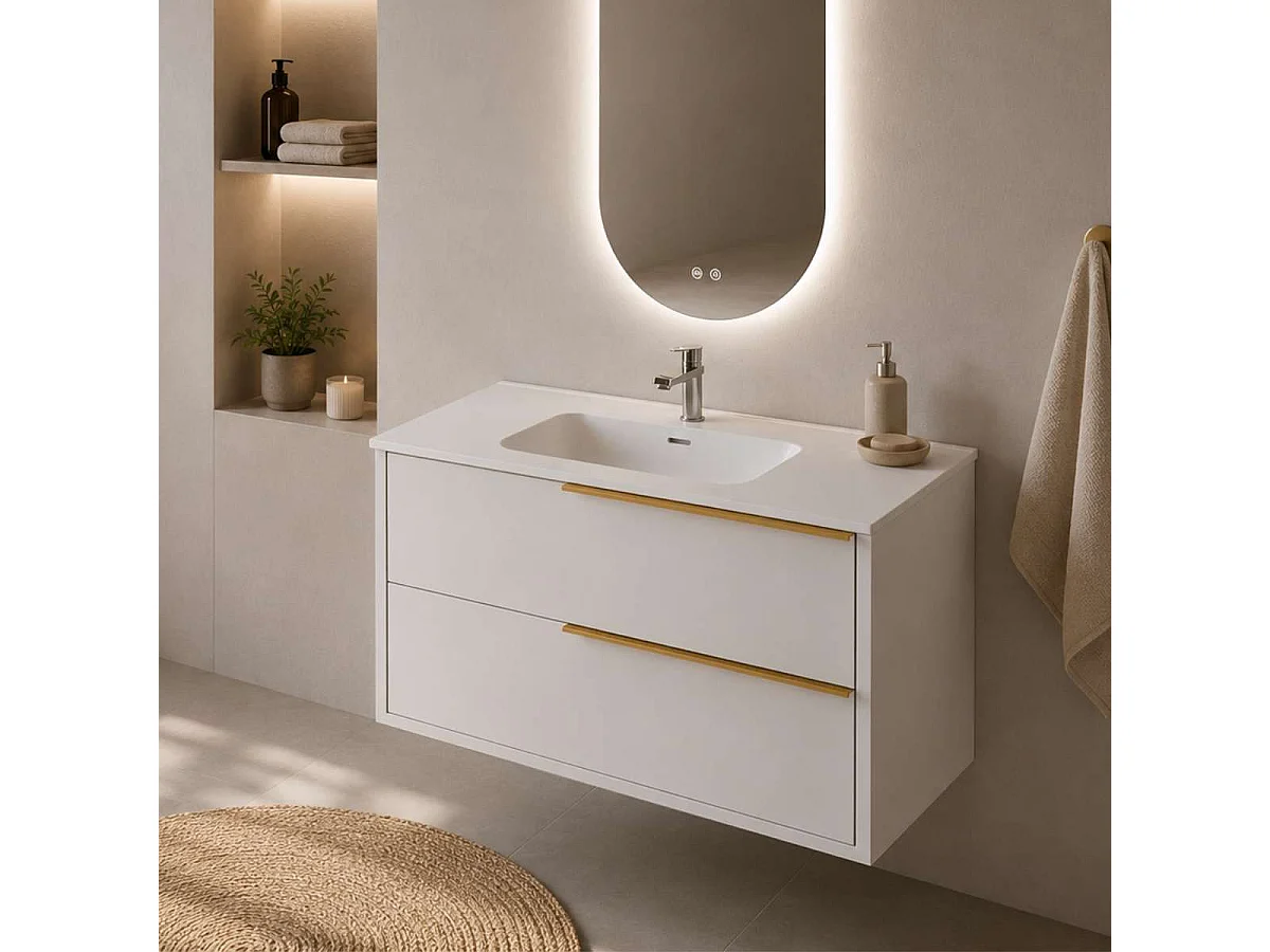 Meuble Salle de Bain LIKE 80cm, Plan Vasque Grès Cérame, 2 Tiroirs Poignée Or, Laqué Blanc Mat, H 54cm x P 45cm
