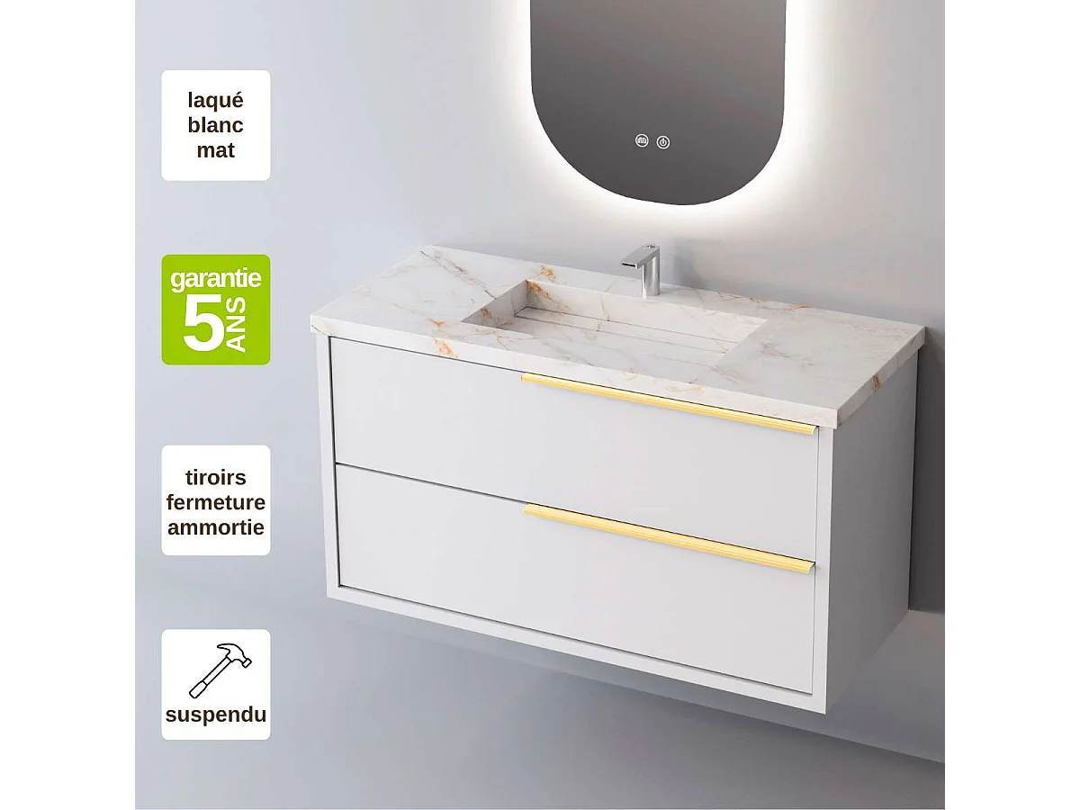 Meuble Salle de Bain LIKE 100cm, Plan Vasque Grès Cérame, 2 Tiroirs Poignée Or, Laqué Blanc Mat, H 54cm x P 45cm