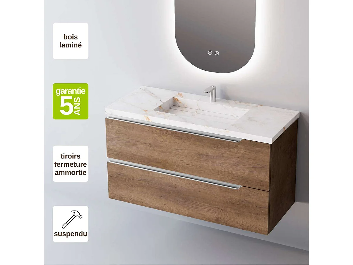 Meuble Salle de Bain DUO (101 cm x H54 x P45 cm), Plan Vasque Grès Cérame BS, 2 Tiroirs, Chêne Foncé