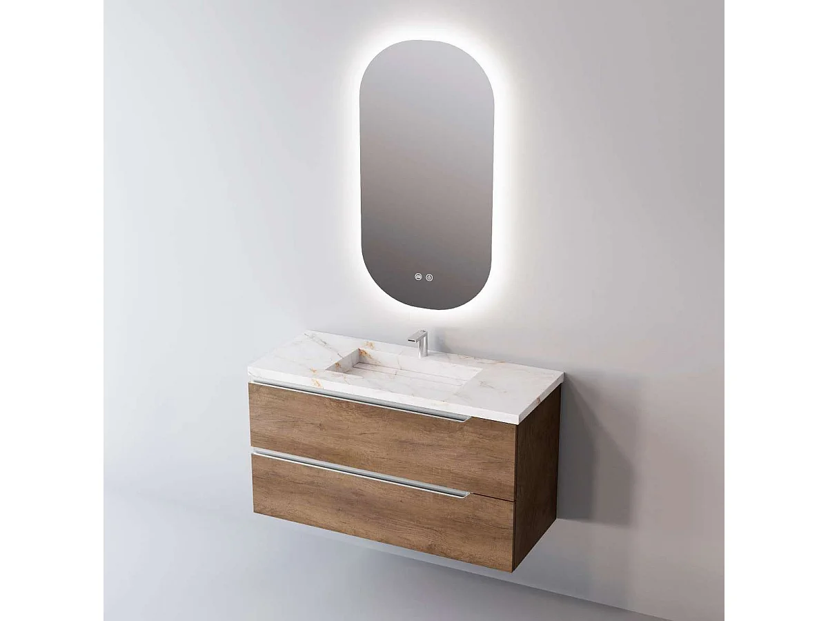 Meuble Salle de Bain DUO (101 cm x H54 x P45 cm), Plan Vasque Grès Cérame BS, 2 Tiroirs, Chêne Foncé