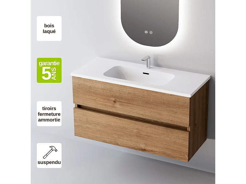 Meuble Salle de Bain ANCONA (81 cm x H54 x P45 cm), Plan Vasque Solide Surface, 2 Tiroirs, Chêne Naturel