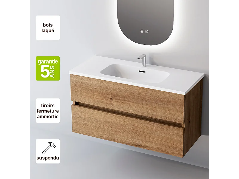 Meuble Salle de Bain ANCONA (81 cm x H54 x P45 cm), Plan Vasque Solide Surface, 2 Tiroirs, Chêne Naturel