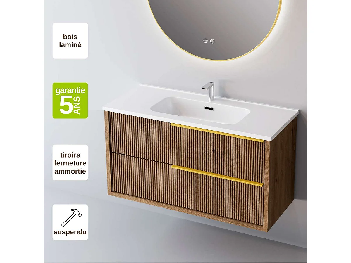 Meuble Salle de Bain TREND 80cm, Plan Vasque Solid Surface, 2 Tiroirs Impression 3D Poignée Or, Finition Chêne Foncé, H 54cm x P 45cm